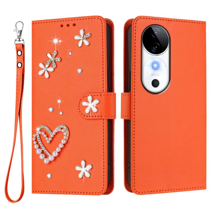 For vivo S19 ZS01 Double-Layer Heart Floral Vegan Leather Phone Case with Wrist Strap