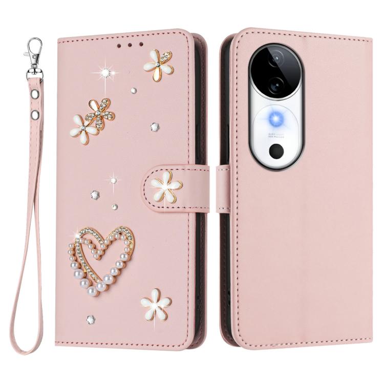For vivo S19 ZS01 Double-Layer Heart Floral Vegan Leather Phone Case with Wrist Strap