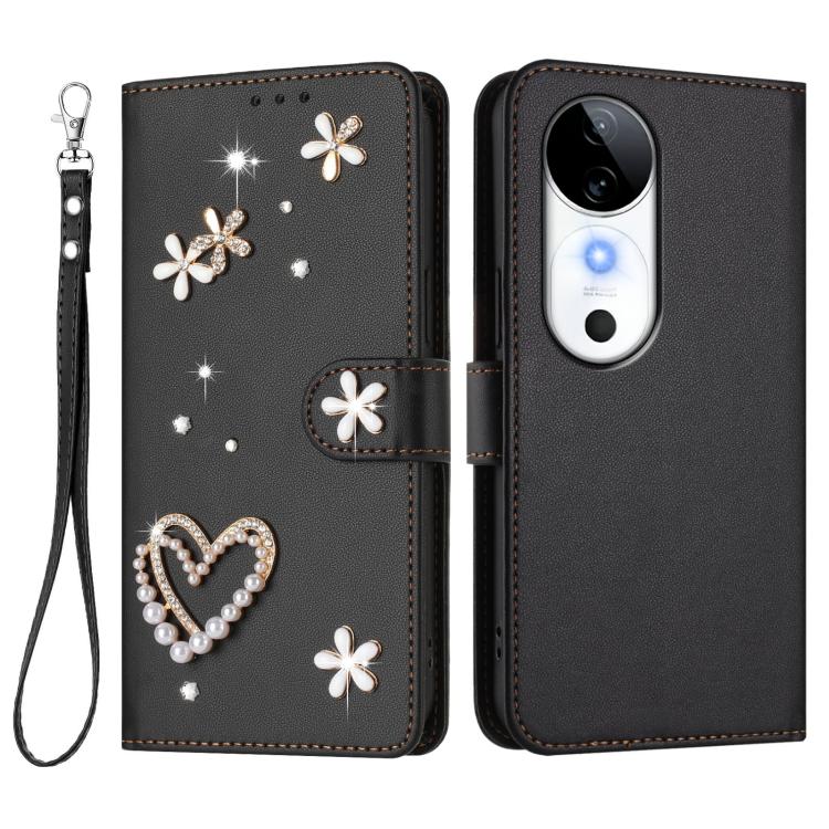 For vivo S19 ZS01 Double-Layer Heart Floral Vegan Leather Phone Case with Wrist Strap