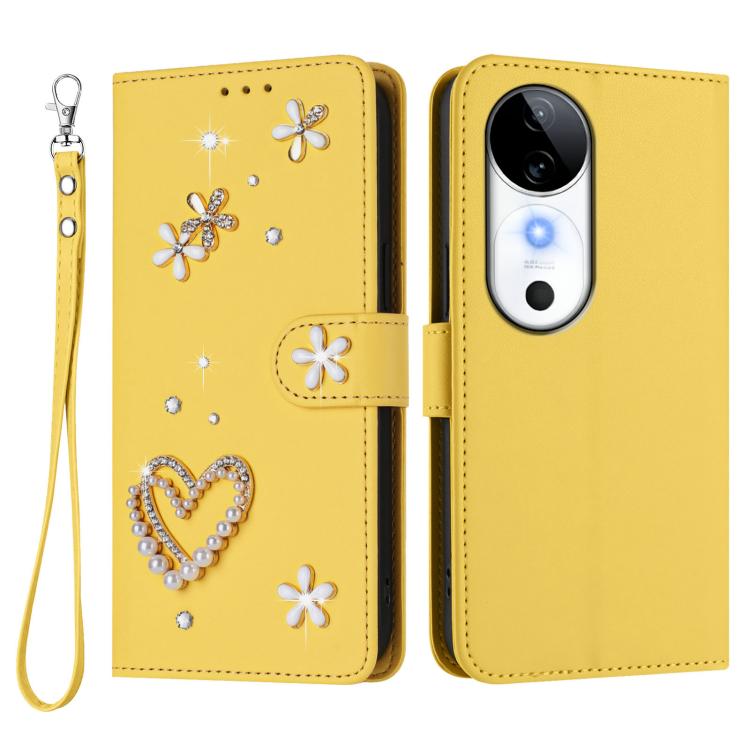 For vivo S19 ZS01 Double-Layer Heart Floral Vegan Leather Phone Case with Wrist Strap