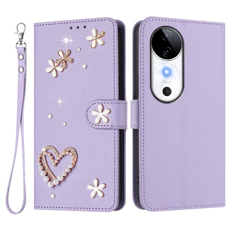 For vivo S19 ZS01 Double-Layer Heart Floral Vegan Leather Phone Case with Wrist Strap