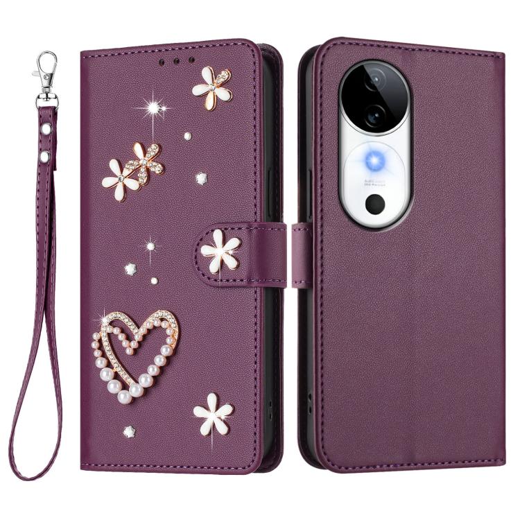 For vivo S19 ZS01 Double-Layer Heart Floral Vegan Leather Phone Case with Wrist Strap