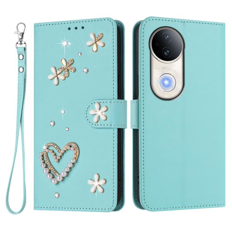 For vivo S20 5G ZS01 Double-Layer Heart Floral Vegan Leather Phone Case with Wrist Strap