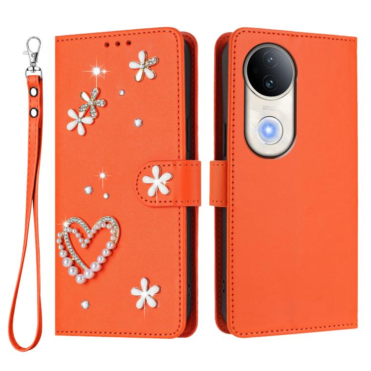 For vivo S20 5G ZS01 Double-Layer Heart Floral Vegan Leather Phone Case with Wrist Strap