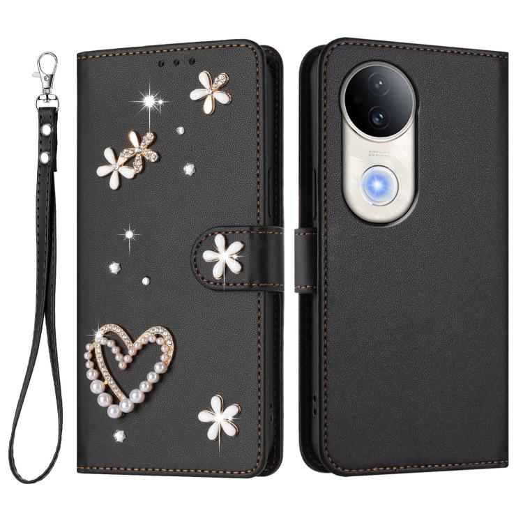 For vivo S20 5G ZS01 Double-Layer Heart Floral Vegan Leather Phone Case with Wrist Strap