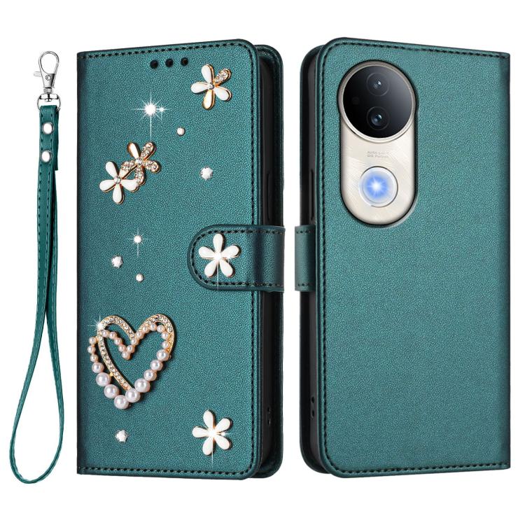 For vivo S20 5G ZS01 Double-Layer Heart Floral Vegan Leather Phone Case with Wrist Strap