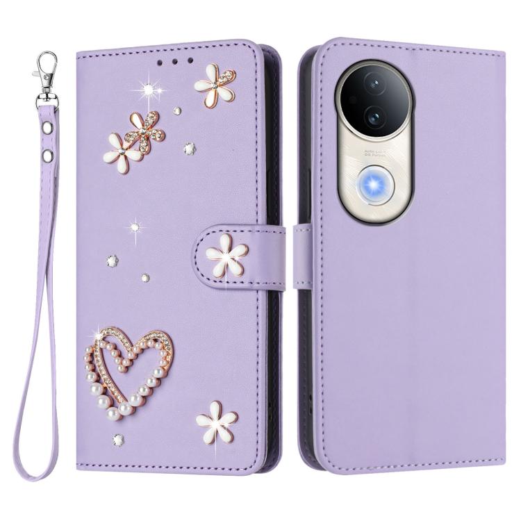 For vivo S20 5G ZS01 Double-Layer Heart Floral Vegan Leather Phone Case with Wrist Strap