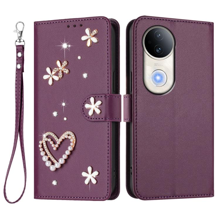 For vivo S20 5G ZS01 Double-Layer Heart Floral Vegan Leather Phone Case with Wrist Strap