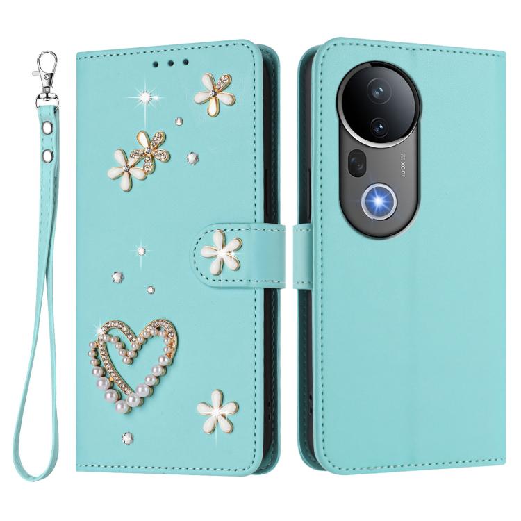 For vivo S20 Pro 5G ZS01 Double-Layer Heart Floral Vegan Leather Phone Case with Wrist Strap