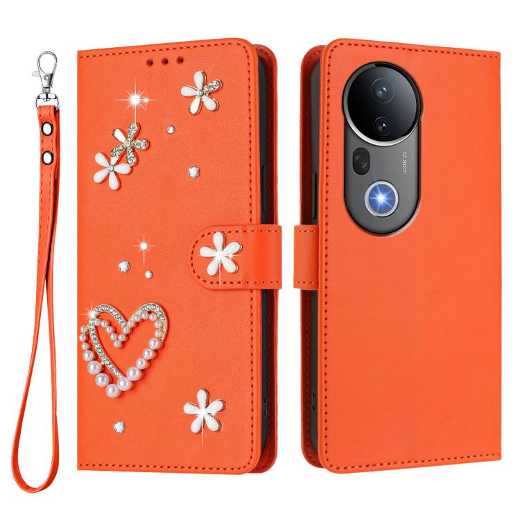 For vivo S20 Pro 5G ZS01 Double-Layer Heart Floral Vegan Leather Phone Case with Wrist Strap