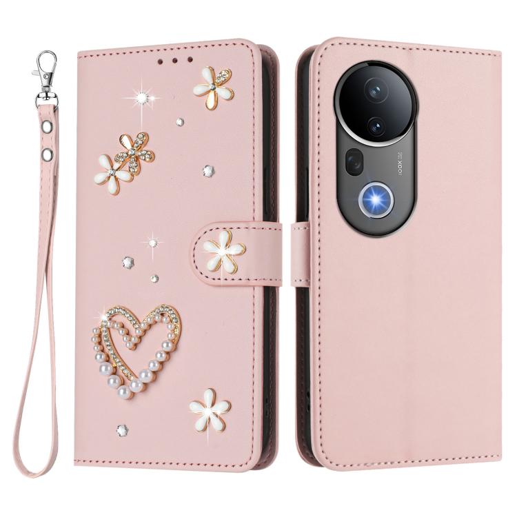 For vivo S20 Pro 5G ZS01 Double-Layer Heart Floral Vegan Leather Phone Case with Wrist Strap