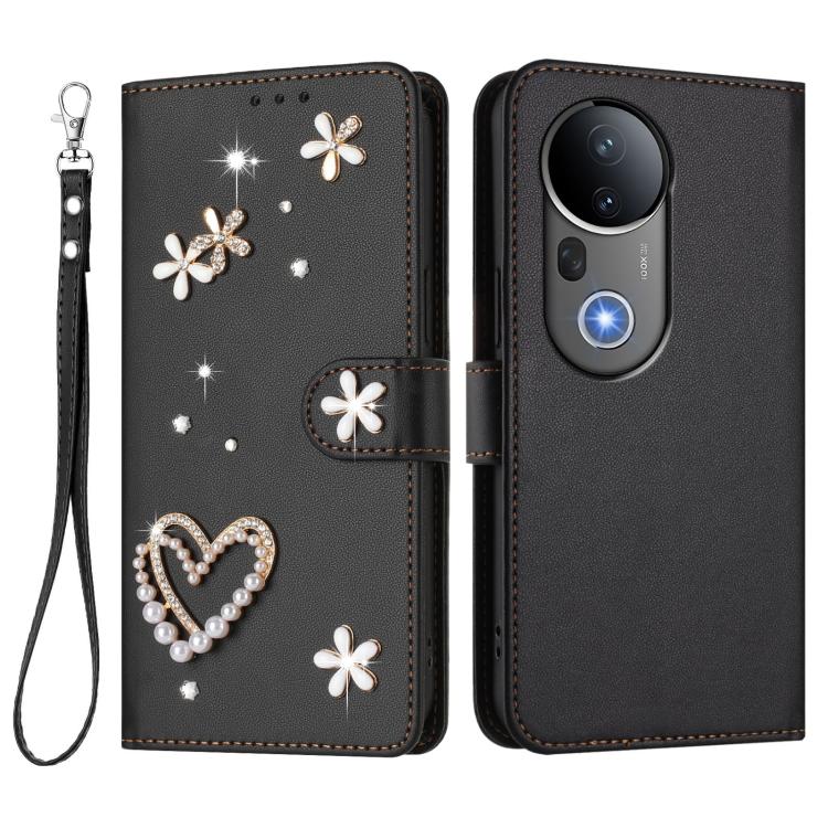 For vivo S20 Pro 5G ZS01 Double-Layer Heart Floral Vegan Leather Phone Case with Wrist Strap
