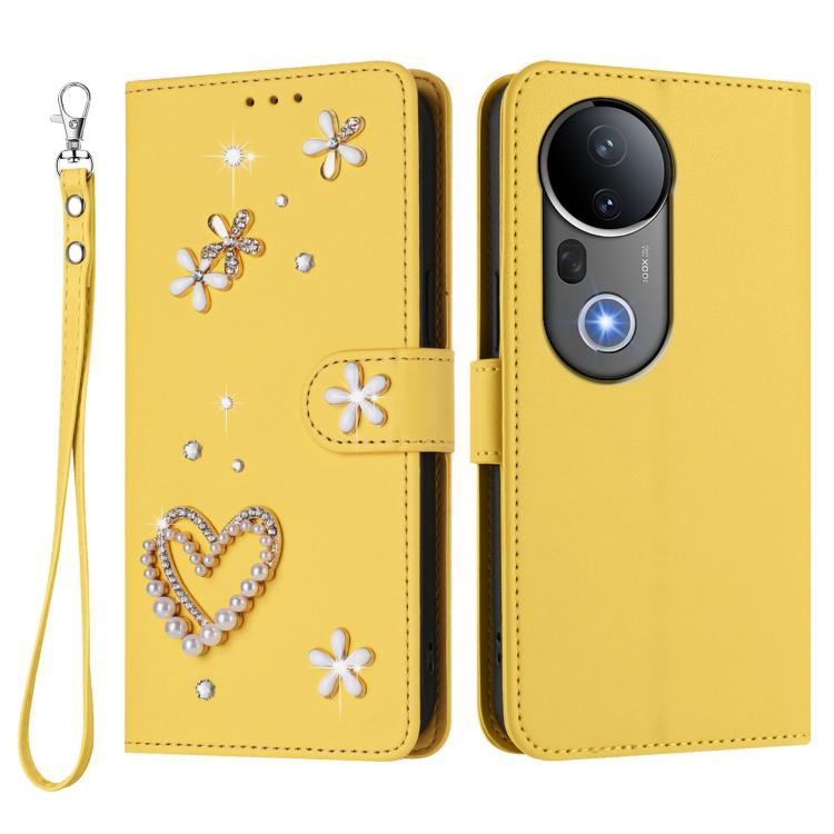 For vivo S20 Pro 5G ZS01 Double-Layer Heart Floral Vegan Leather Phone Case with Wrist Strap