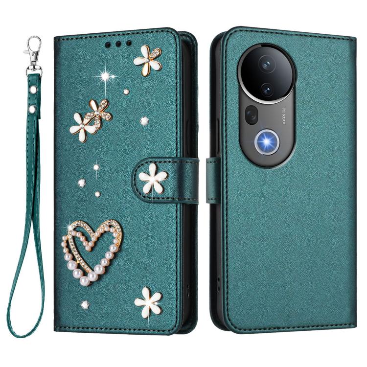 For vivo S20 Pro 5G ZS01 Double-Layer Heart Floral Vegan Leather Phone Case with Wrist Strap