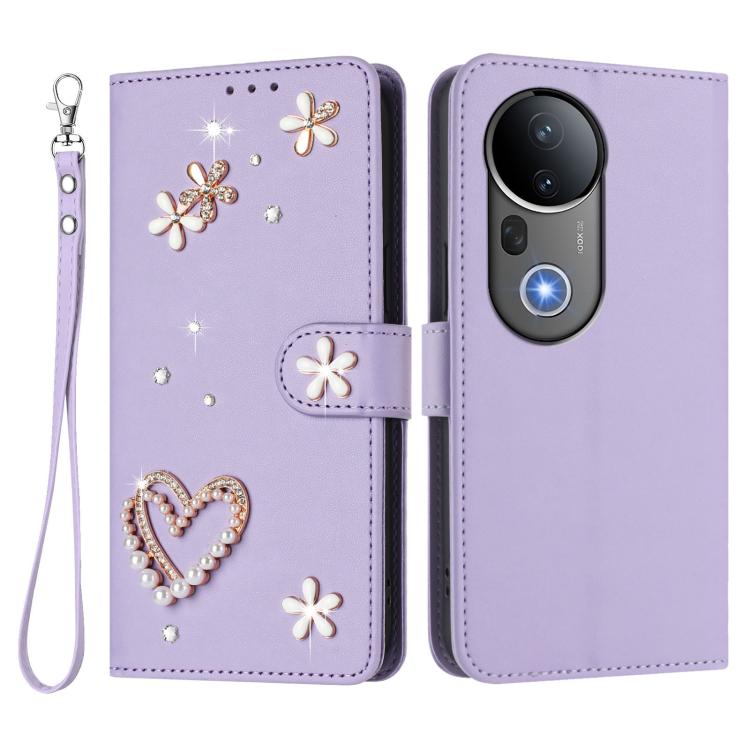 For vivo S20 Pro 5G ZS01 Double-Layer Heart Floral Vegan Leather Phone Case with Wrist Strap