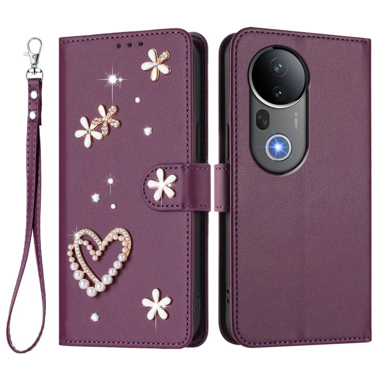 For vivo S20 Pro 5G ZS01 Double-Layer Heart Floral Vegan Leather Phone Case with Wrist Strap