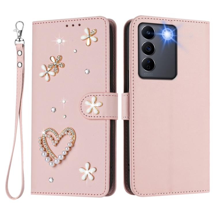 For vivo V27 5G Global / V27 Pro 5G Global ZS01 Double-Layer Heart Floral Vegan Leather Phone Case with Wrist Strap