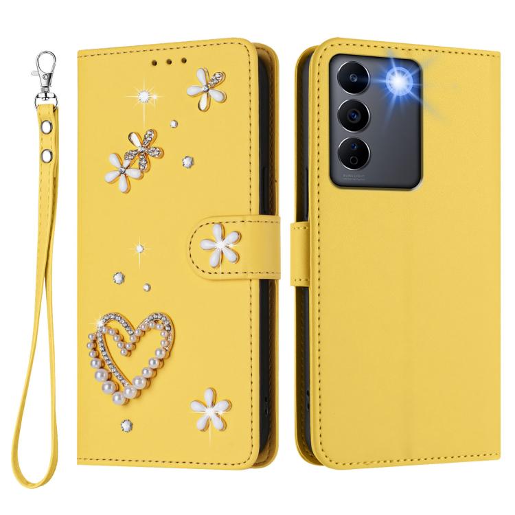For vivo V27 5G Global / V27 Pro 5G Global ZS01 Double-Layer Heart Floral Vegan Leather Phone Case with Wrist Strap