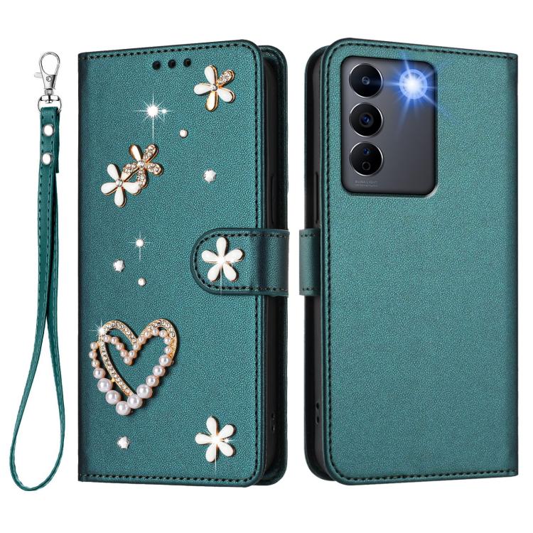 For vivo V27 5G Global / V27 Pro 5G Global ZS01 Double-Layer Heart Floral Vegan Leather Phone Case with Wrist Strap