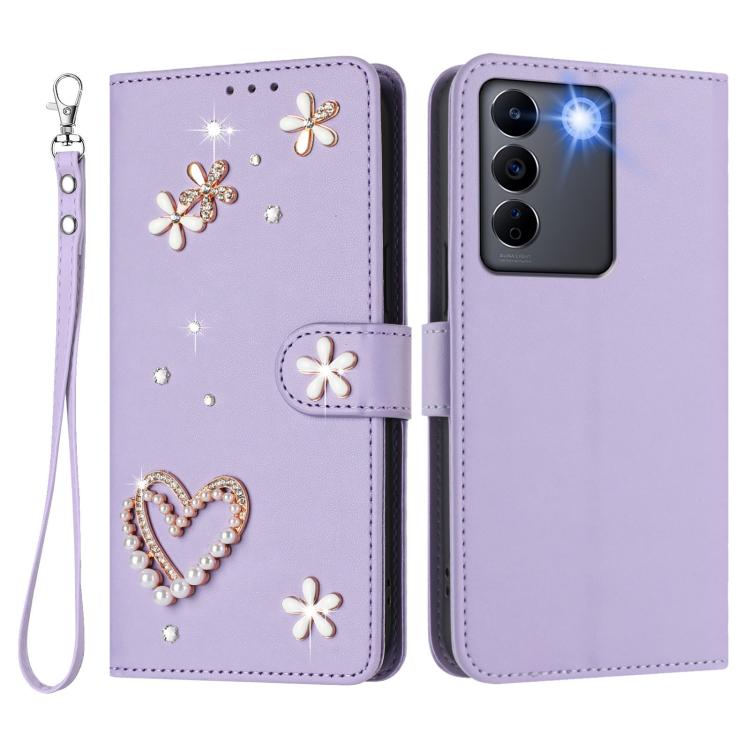 For vivo V27 5G Global / V27 Pro 5G Global ZS01 Double-Layer Heart Floral Vegan Leather Phone Case with Wrist Strap