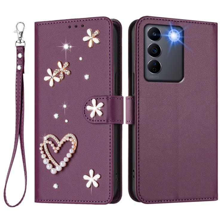 For vivo V27 5G Global / V27 Pro 5G Global ZS01 Double-Layer Heart Floral Vegan Leather Phone Case with Wrist Strap