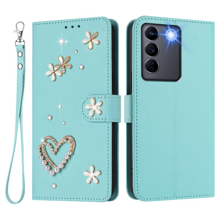 For vivo V27e 4G Global / T2 4G Global ZS01 Double-Layer Heart Floral Vegan Leather Phone Case with Wrist Strap