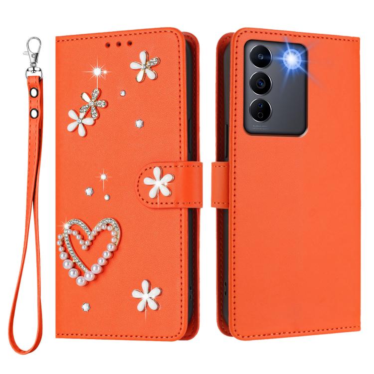 For vivo V27e 4G Global / T2 4G Global ZS01 Double-Layer Heart Floral Vegan Leather Phone Case with Wrist Strap