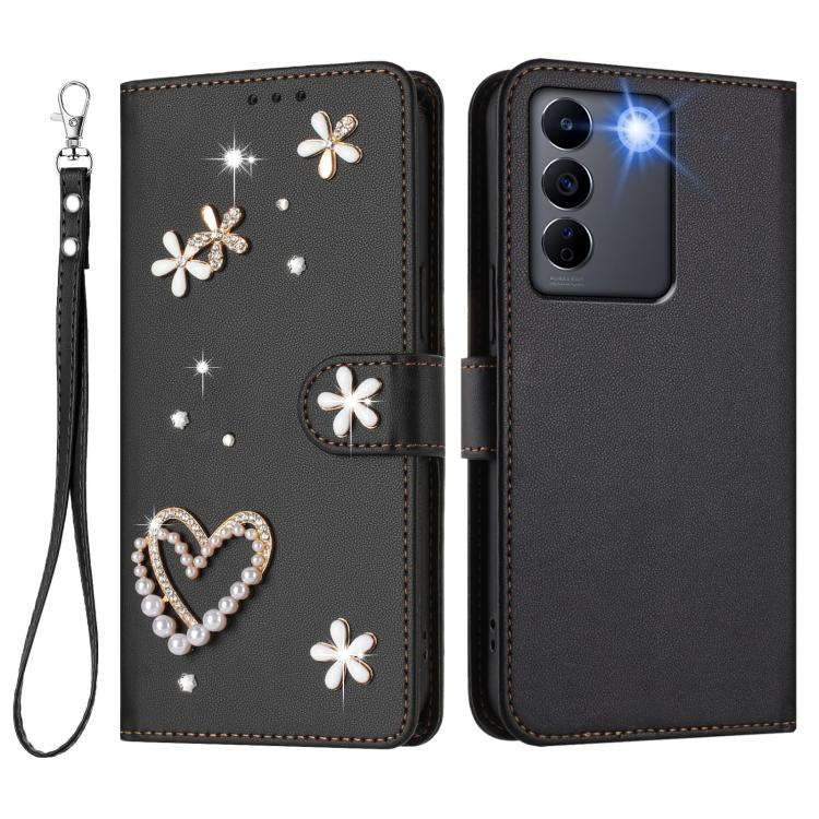 For vivo V27e 4G Global / T2 4G Global ZS01 Double-Layer Heart Floral Vegan Leather Phone Case with Wrist Strap