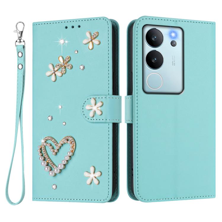 For vivo V29e 5G Global / Y200 5G Global ZS01 Double-Layer Heart Floral Vegan Leather Phone Case with Wrist Strap