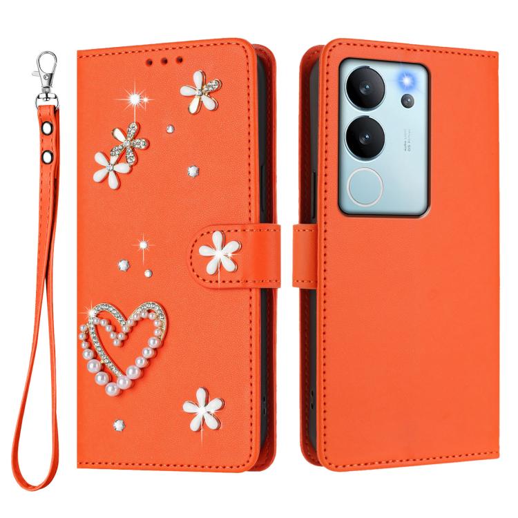 For vivo V29e 5G Global / Y200 5G Global ZS01 Double-Layer Heart Floral Vegan Leather Phone Case with Wrist Strap