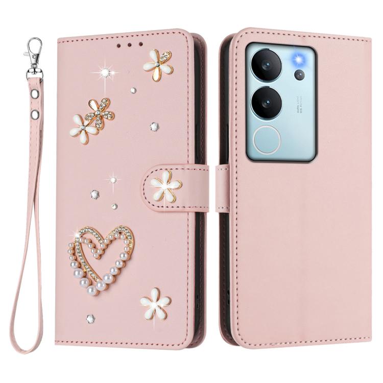 For vivo V29e 5G Global / Y200 5G Global ZS01 Double-Layer Heart Floral Vegan Leather Phone Case with Wrist Strap