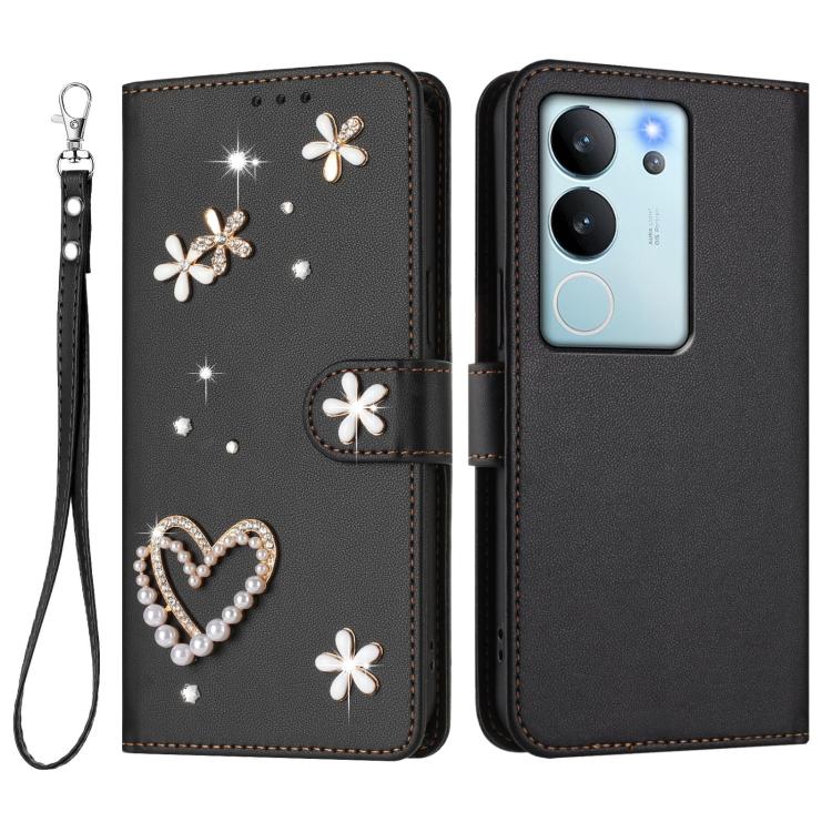 For vivo V29e 5G Global / Y200 5G Global ZS01 Double-Layer Heart Floral Vegan Leather Phone Case with Wrist Strap