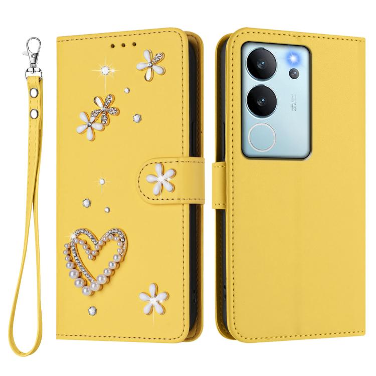 For vivo V29e 5G Global / Y200 5G Global ZS01 Double-Layer Heart Floral Vegan Leather Phone Case with Wrist Strap