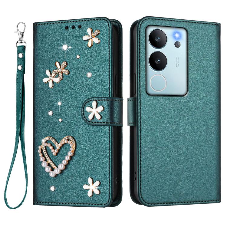 For vivo V29e 5G Global / Y200 5G Global ZS01 Double-Layer Heart Floral Vegan Leather Phone Case with Wrist Strap
