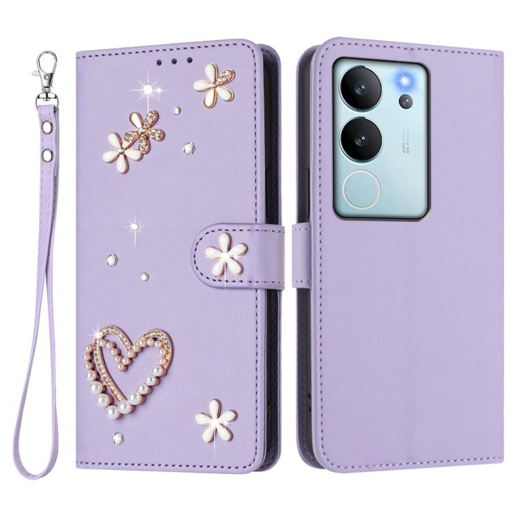 For vivo V29e 5G Global / Y200 5G Global ZS01 Double-Layer Heart Floral Vegan Leather Phone Case with Wrist Strap
