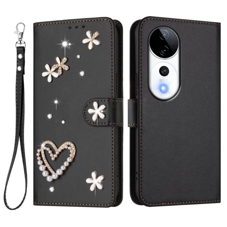 For vivo V40 5G Global / V40 Pro 5G Global ZS01 Double-Layer Heart Floral Vegan Leather Phone Case with Wrist Strap