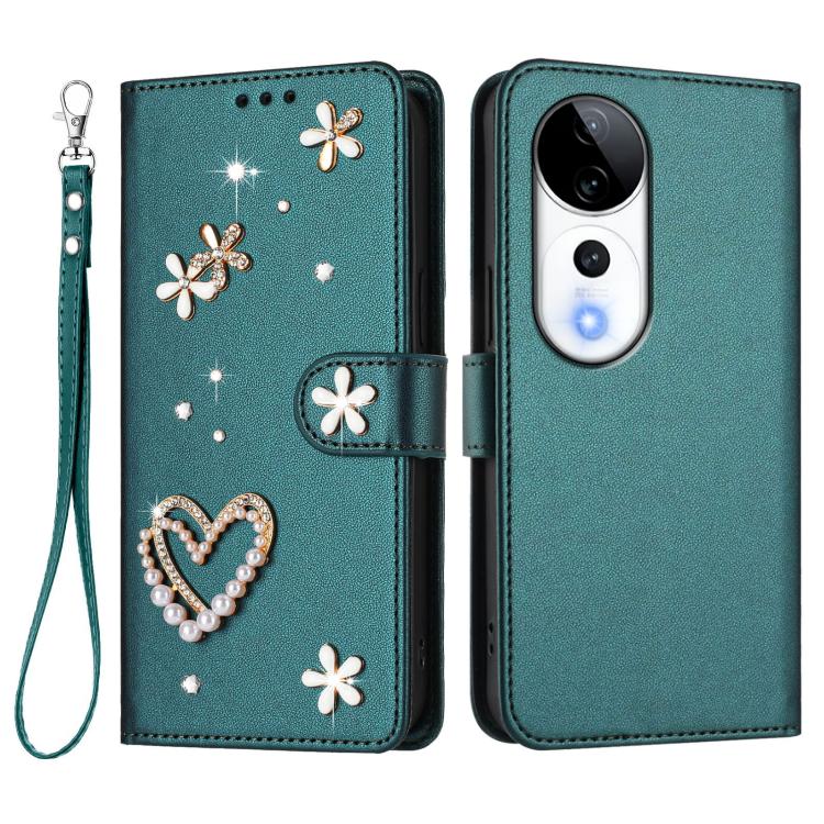 For vivo V40 5G Global / V40 Pro 5G Global ZS01 Double-Layer Heart Floral Vegan Leather Phone Case with Wrist Strap