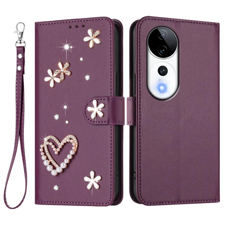 For vivo V40 5G Global / V40 Pro 5G Global ZS01 Double-Layer Heart Floral Vegan Leather Phone Case with Wrist Strap