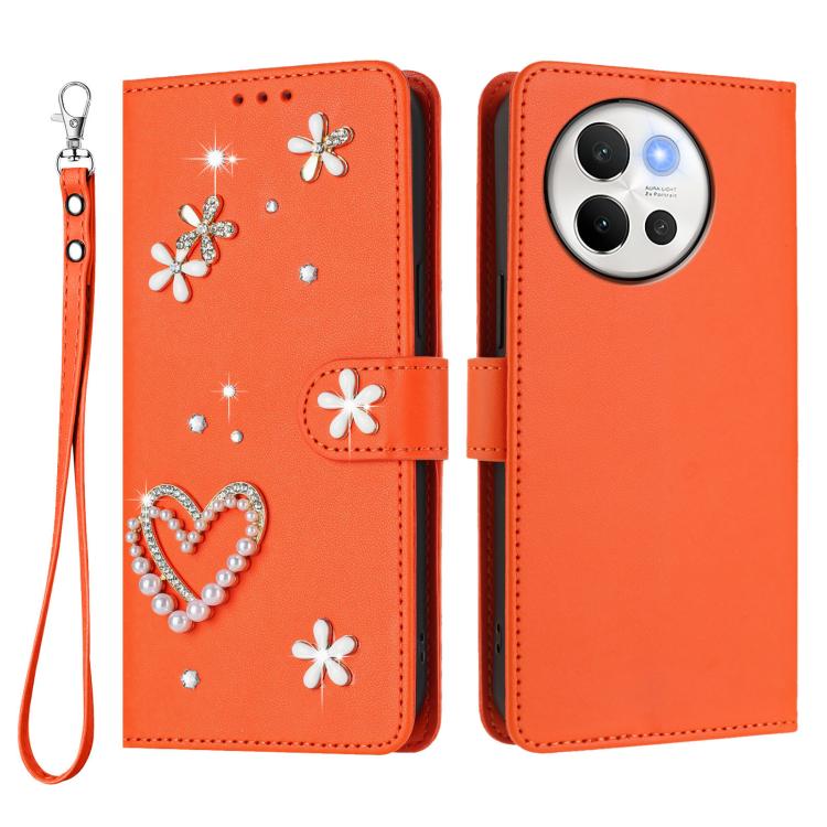For vivo V40 Lite 5G / V30e 5G Global ZS01 Double-Layer Heart Floral Vegan Leather Phone Case with Wrist Strap