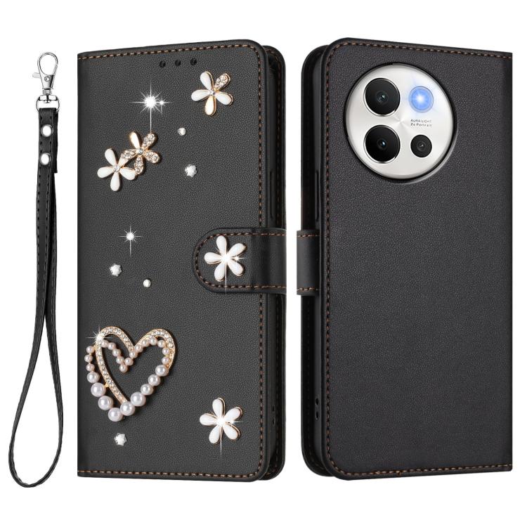 For vivo V40 Lite 5G / V30e 5G Global ZS01 Double-Layer Heart Floral Vegan Leather Phone Case with Wrist Strap
