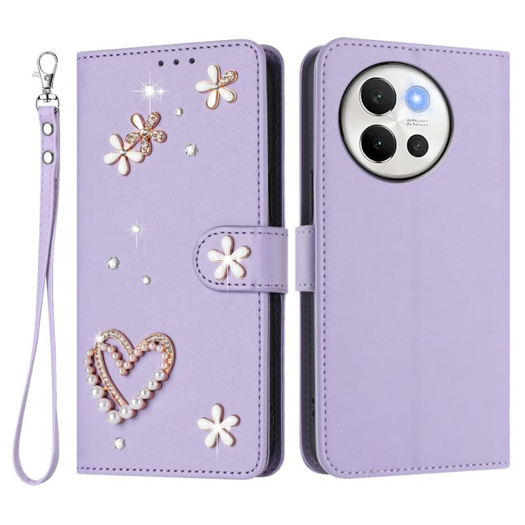 For vivo V40 Lite 5G / V30e 5G Global ZS01 Double-Layer Heart Floral Vegan Leather Phone Case with Wrist Strap