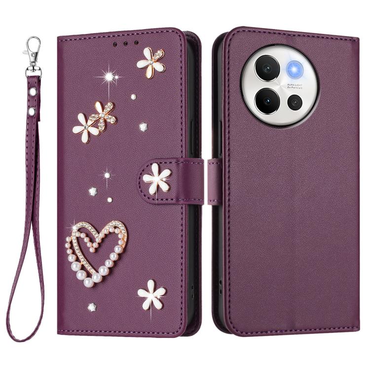 For vivo V40 Lite 5G / V30e 5G Global ZS01 Double-Layer Heart Floral Vegan Leather Phone Case with Wrist Strap
