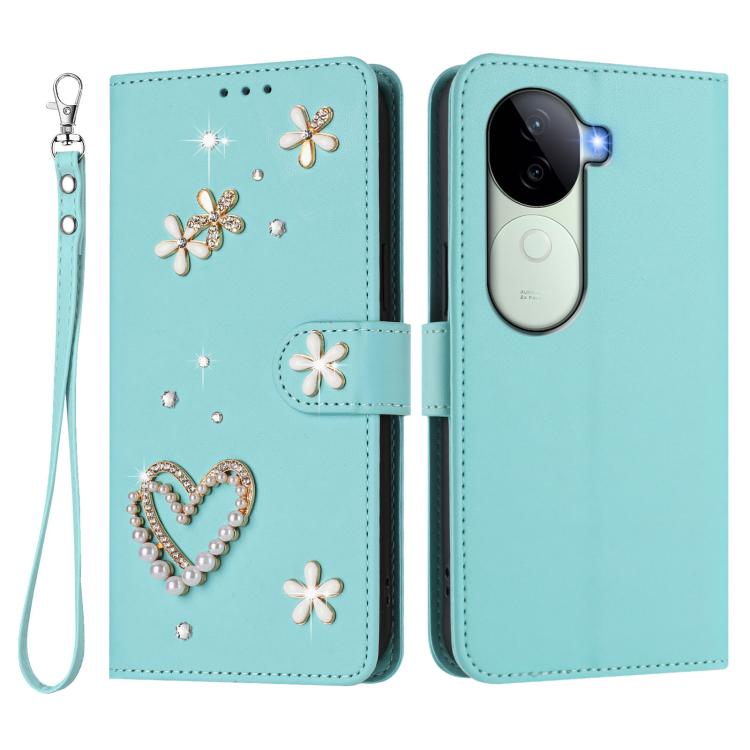 For vivo V40e 5G India / iQOO Z9s 5G ZS01 Double-Layer Heart Floral Vegan Leather Phone Case with Wrist Strap