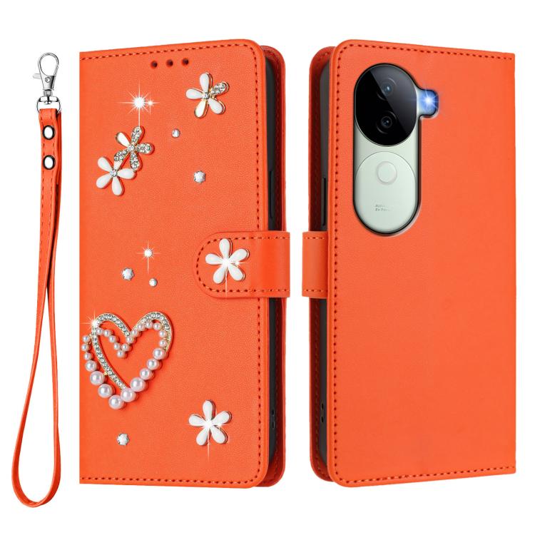 For vivo V40e 5G India / iQOO Z9s 5G ZS01 Double-Layer Heart Floral Vegan Leather Phone Case with Wrist Strap