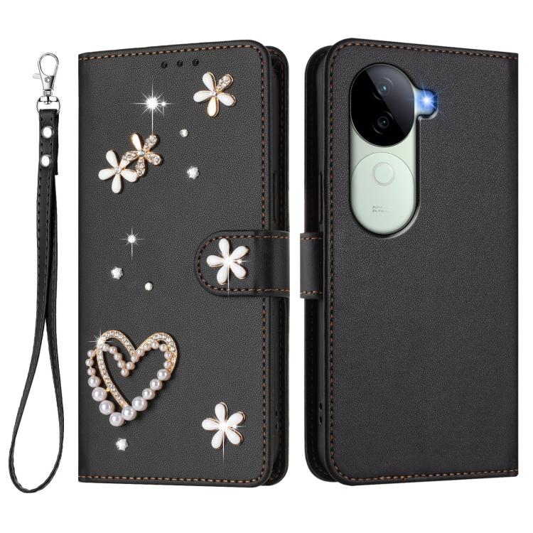 For vivo V40e 5G India / iQOO Z9s 5G ZS01 Double-Layer Heart Floral Vegan Leather Phone Case with Wrist Strap