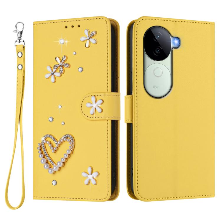 For vivo V40e 5G India / iQOO Z9s 5G ZS01 Double-Layer Heart Floral Vegan Leather Phone Case with Wrist Strap