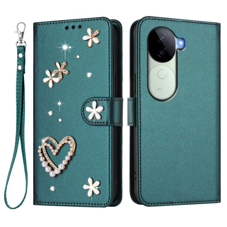 For vivo V40e 5G India / iQOO Z9s 5G ZS01 Double-Layer Heart Floral Vegan Leather Phone Case with Wrist Strap