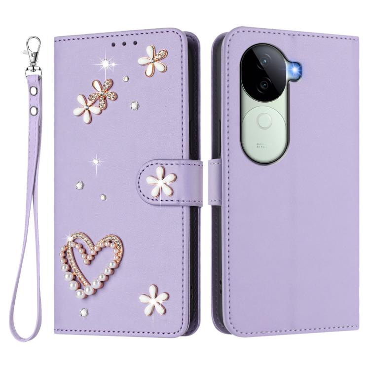 For vivo V40e 5G India / iQOO Z9s 5G ZS01 Double-Layer Heart Floral Vegan Leather Phone Case with Wrist Strap