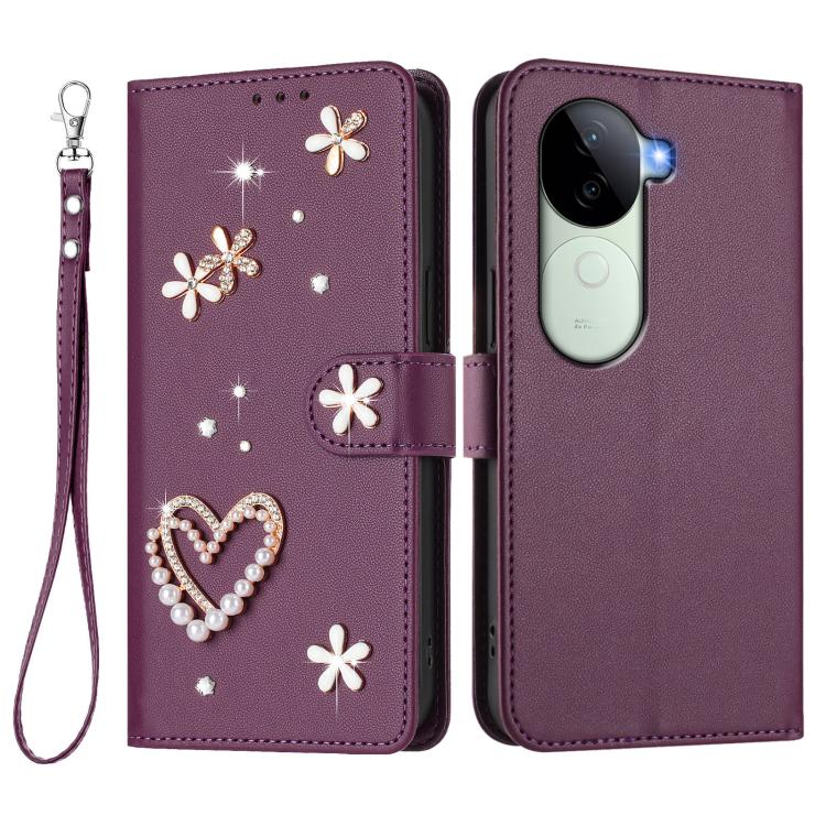 For vivo V40e 5G India / iQOO Z9s 5G ZS01 Double-Layer Heart Floral Vegan Leather Phone Case with Wrist Strap
