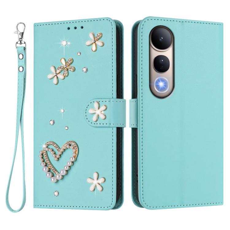 For vivo V50 Lite 5G Global / V50 Lite 4G ZS01 Double-Layer Heart Floral Vegan Leather Phone Case with Wrist Strap